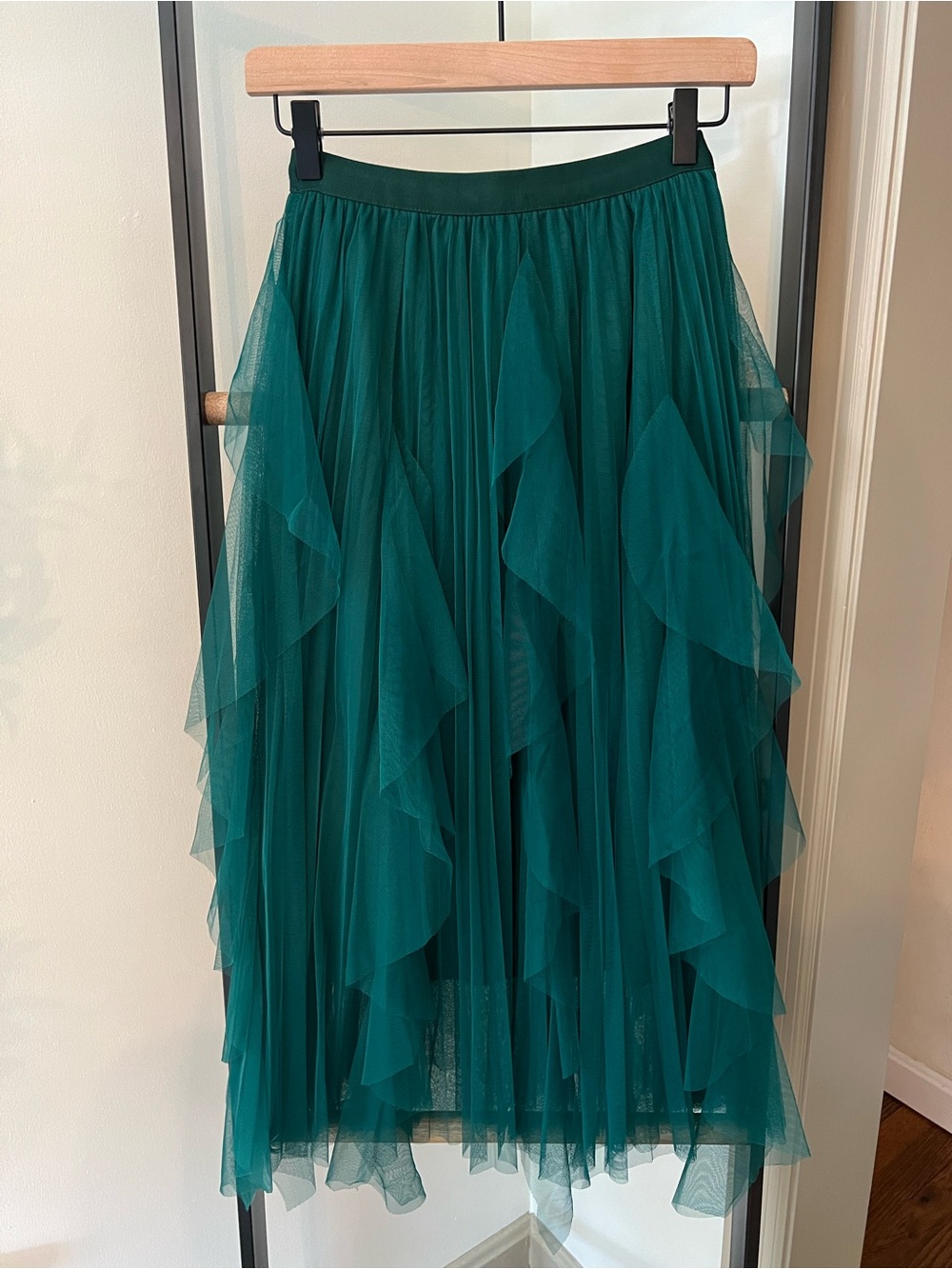 Dirholl Elastic Waist Green Ruffle Tulle Layered Midi Skirt